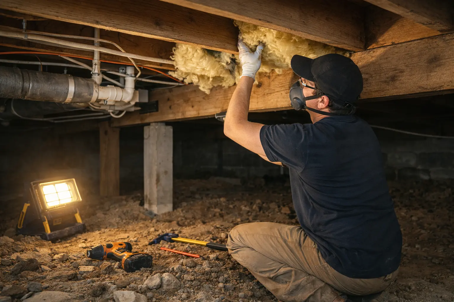 Contractor repairing insulation in crawl space