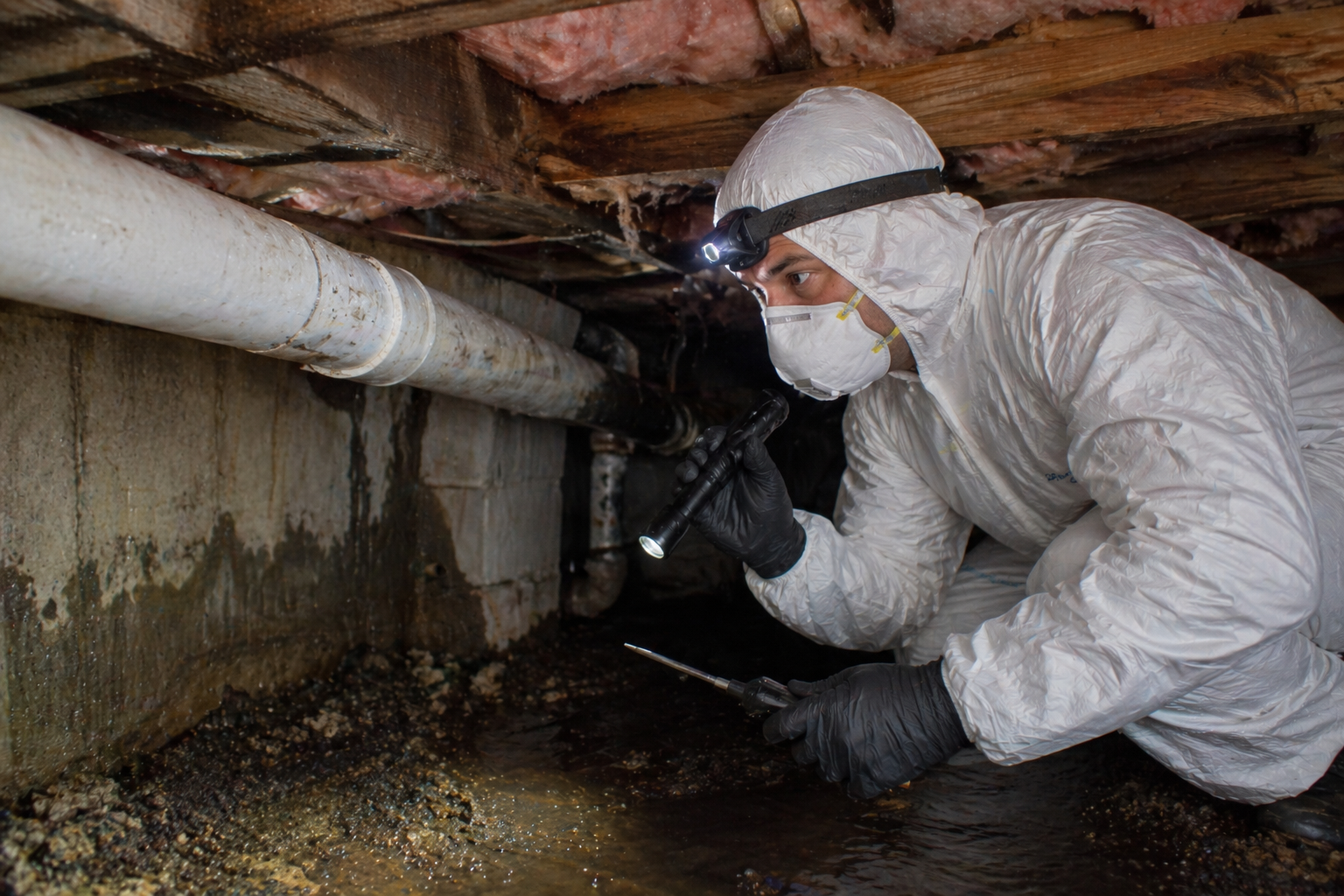 crawl space inspection in Tacoma WA by professional technician checking moisture and structural condition