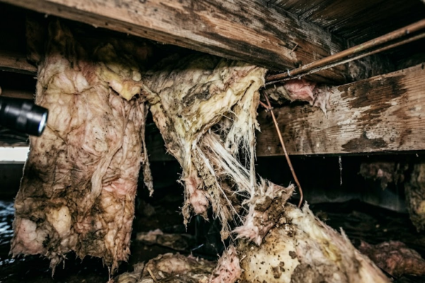 Extreme close-up inside a residential crawl space focusing on damaged insulation. Fiberglass insulation is sagging and partially detached from the wooden floor joists