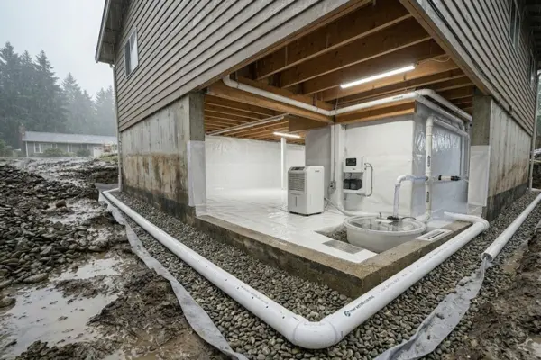 Exterior view of a Tacoma residential foundation showing waterproofing contractor work with a perimeter drainage trench to mitigate crawl space moisture signs.