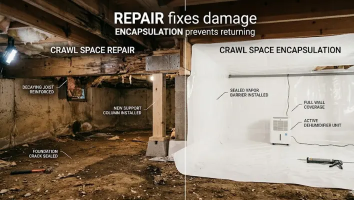 Infographic-style photo showing crawl space repair with new support columns versus crawl space encapsulation with a white vapor barrier.