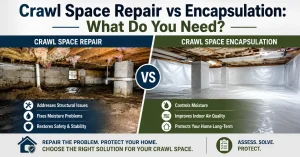Side-by-side comparison of crawl space repair and crawl space encapsulation showing damaged crawl space versus sealed moisture-protected crawl space.