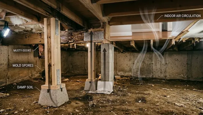 A cross-section diagram of a house showing how damp crawl space air quality with mold spores and musty odors rises through the floor into the living areas.