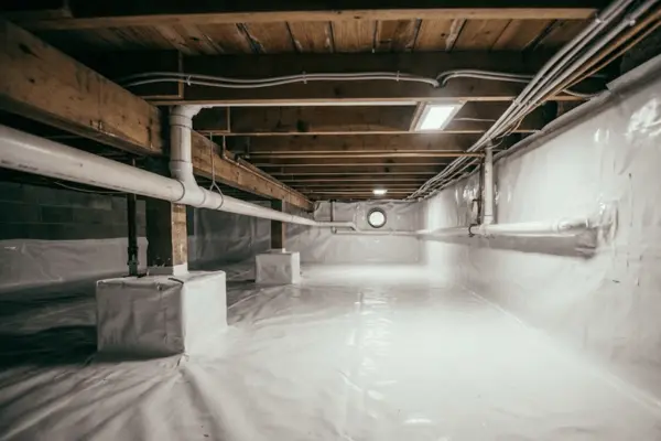 Crawl space encapsulation with white vapor barrier installed, clean and sealed ground