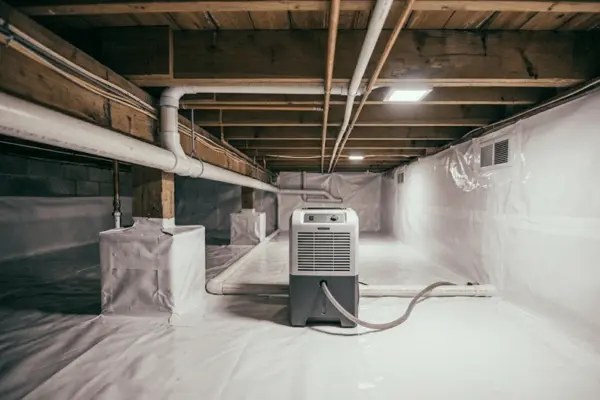 Crawl space with dehumidifier installed, clean environment, moisture control setup