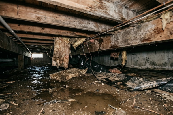 residential crawl space with visible structural issues, showing wet dirt ground with multiple water puddles, damp soil, and signs of moisture damage.