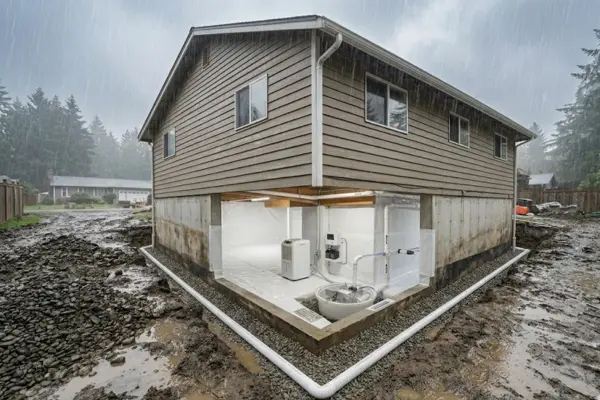 An architectural cross-section view of a Pacific Northwest home showcasing an integrated waterproofing and encapsulation system that permanently cures crawl space moisture signs.