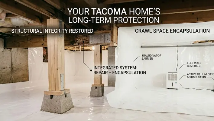 Restored and encapsulated crawl space in Tacoma showing structural integrity and moisture control systems.