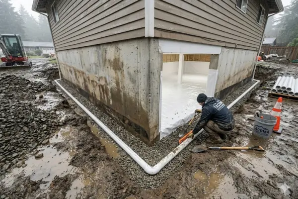 A bright, dry encapsulated crawl space with a heavy-duty white vapor barrier and dehumidifier fully eliminating all crawl space moisture signs.