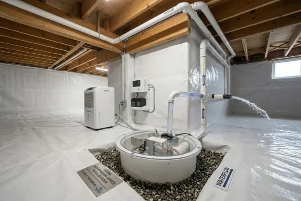 A high-performance sump pump basin actively removing pooled water to reverse common crawl space moisture signs in a residential home.