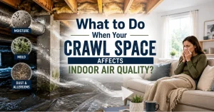 Moist crawl space causing mold and poor indoor air quality inside a home with a woman experiencing allergy symptoms.