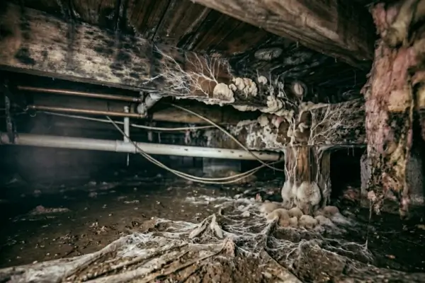 active fungus spread across damp wooden surfaces and nearby soil. The growth appears organic and irregular