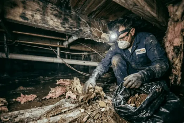 Technician cleaning a dirty crawl space, removing debris and dirt
