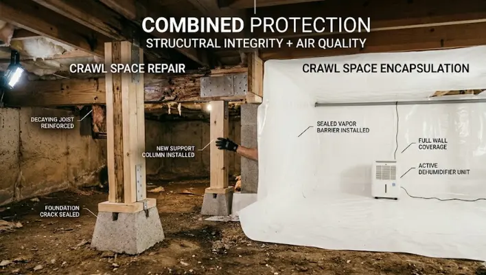 A comprehensive view of crawl space repair vs encapsulation working together to restore structural integrity and air quality.