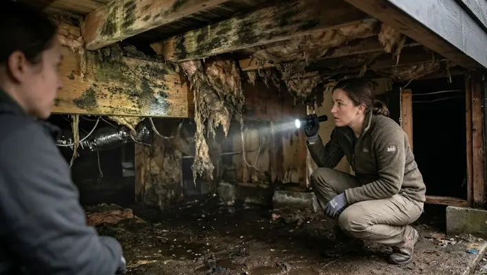 A homeowner inspecting a damp Tacoma crawl space with a flashlight, revealing significant crawl space moisture signs like sagging insulation and moldy beams.