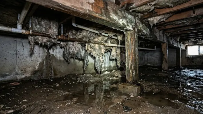 A close-up view of a wet dirt floor and mold-infested wooden structure beneath a home, providing definitive crawl space moisture signs.
