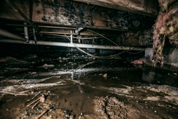 active fungus spread across damp wooden surfaces and nearby soil
