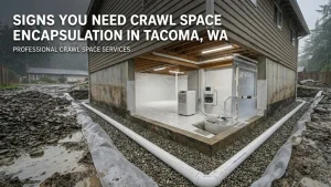 A cross-section image of a Tacoma home foundation showing the signs you need crawl space encapsulation: standing water, wet soil, and efflorescence.