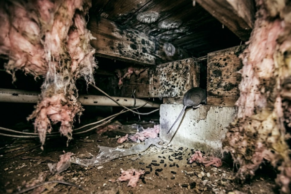 scattered droppings, chewed insulation fragments, and torn plastic vapor barrier dragged across the dirt floor