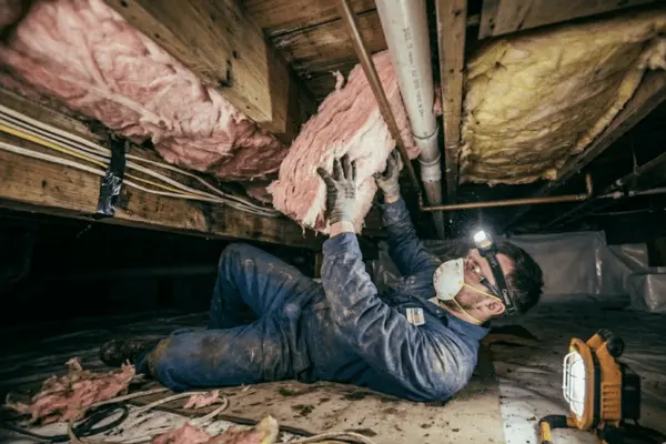Worker installing insulation in crawl space ceiling