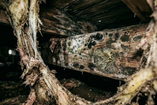 wooden support beams heavily affected by mold growth. The wood shows irregular patches of dark mold