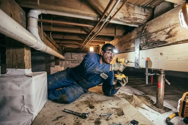 Technician repairing wooden beams in crawl space, using tools