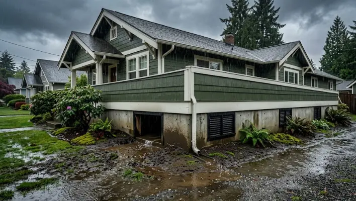 A Tacoma craftsman home during heavy rain, showing saturated soil near the foundation which leads to crawl space moisture signs.