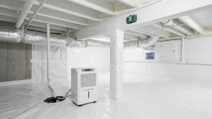 A clean, dry, fully encapsulated crawl space in Tacoma featuring a white vapor barrier and dehumidifier to eliminate crawl space moisture signs.